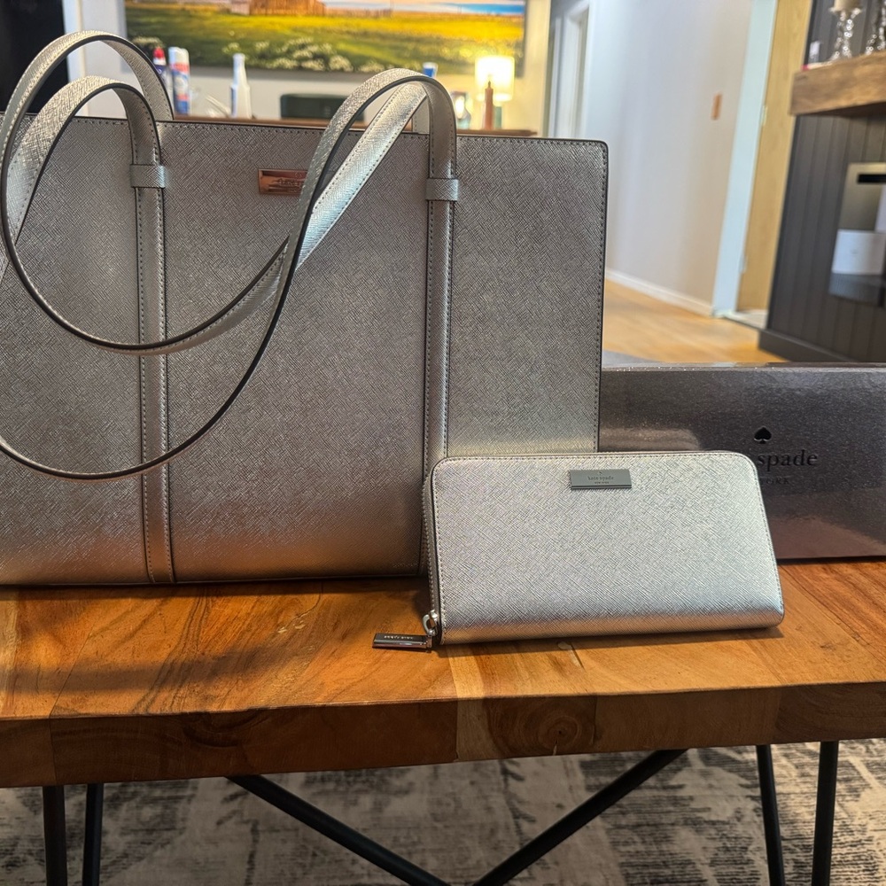 Kate Spade Metallic Silver Bag and Wallet Duo